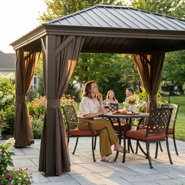 Aluminum Hardtop Gazebo Built for All-Season Use, 10x13 Arched Steel Roof, Powder-Coated Frame, Espresso Curtains
